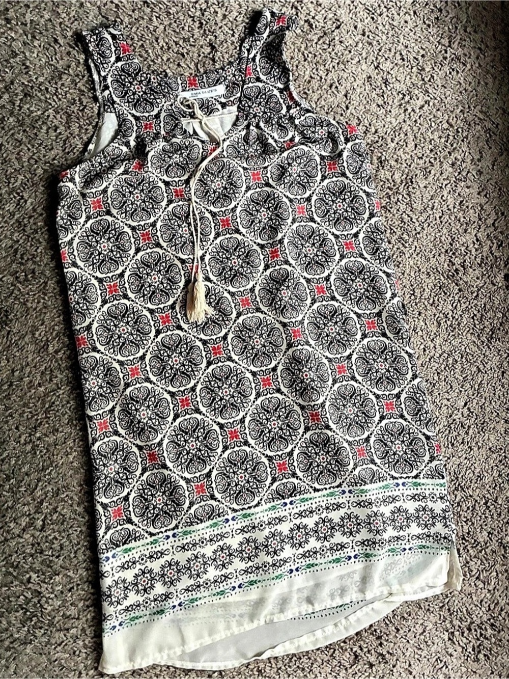 Ema Blue's Made in France Boho Medallion Print Shift Dress Tunic Tassel Tie Neck